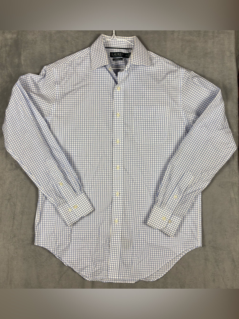 Lauren Ralph Lauren Mens Dress Shirt 15.5 34/35 Blue White Plaid Stretch NonIron